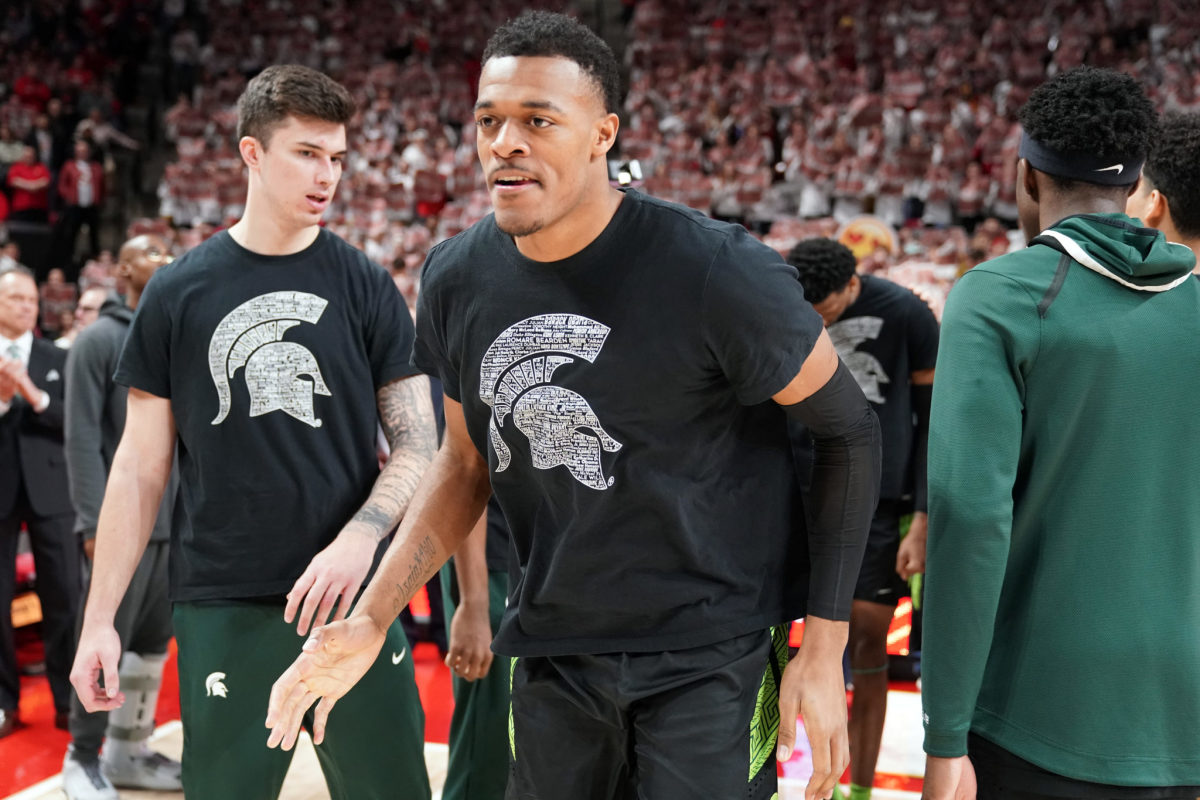 Xavier Tillman on the court before a game for Michigan State.