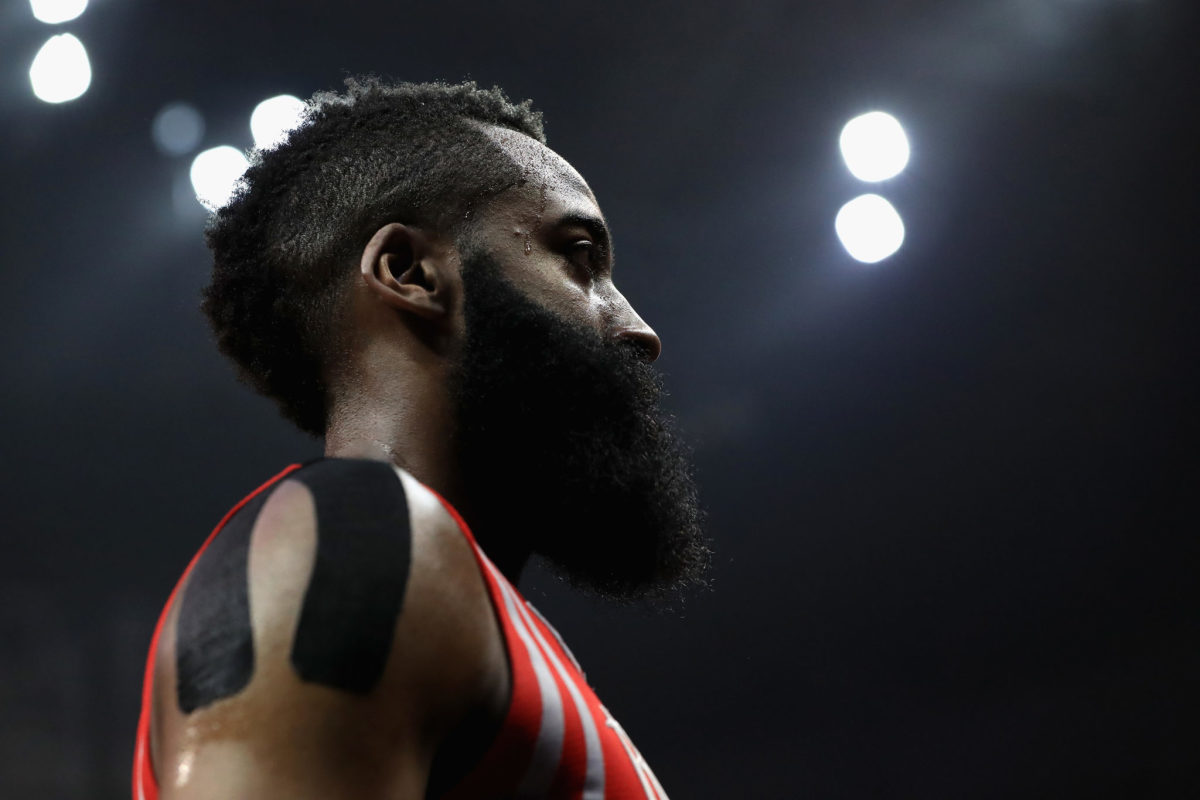 A closeup view of James Harden in his Rockets uniform.