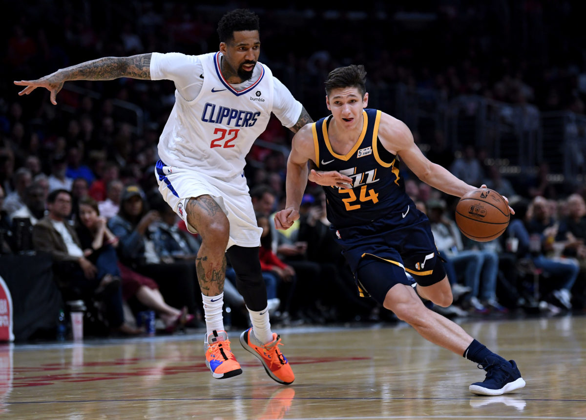 Grayson Allen drives for the Jazz against the Clippers.