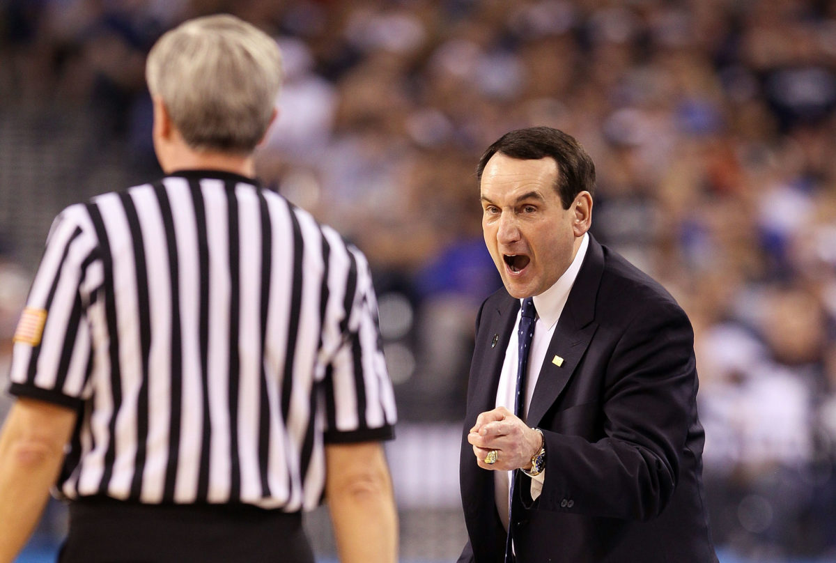 Coach K yells at a referee during NCAA Tournament game.