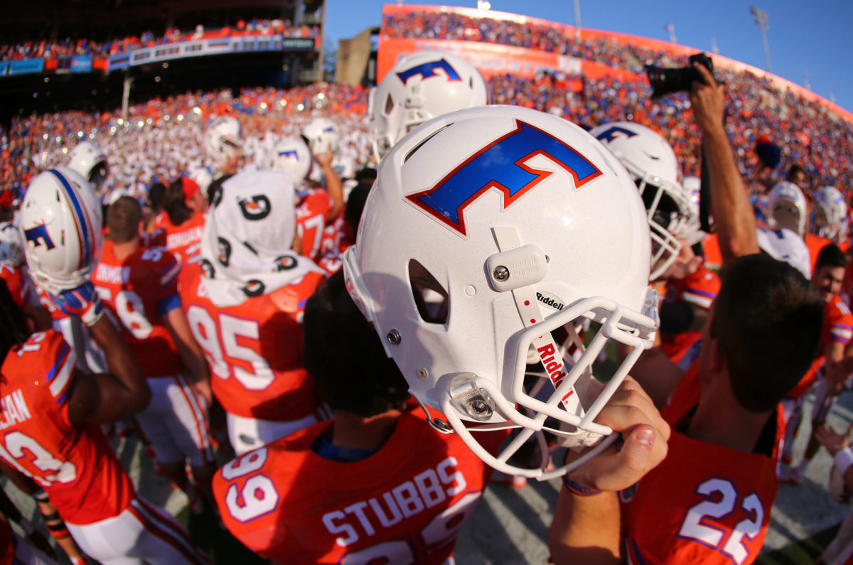 A closeup of a Florida Gators football helmet.