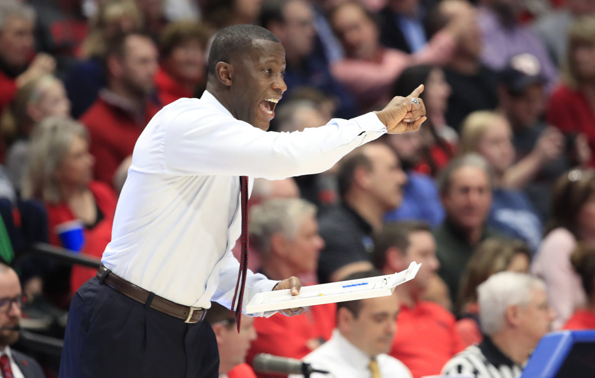 Dayton head coach Anthony Grant reacts.