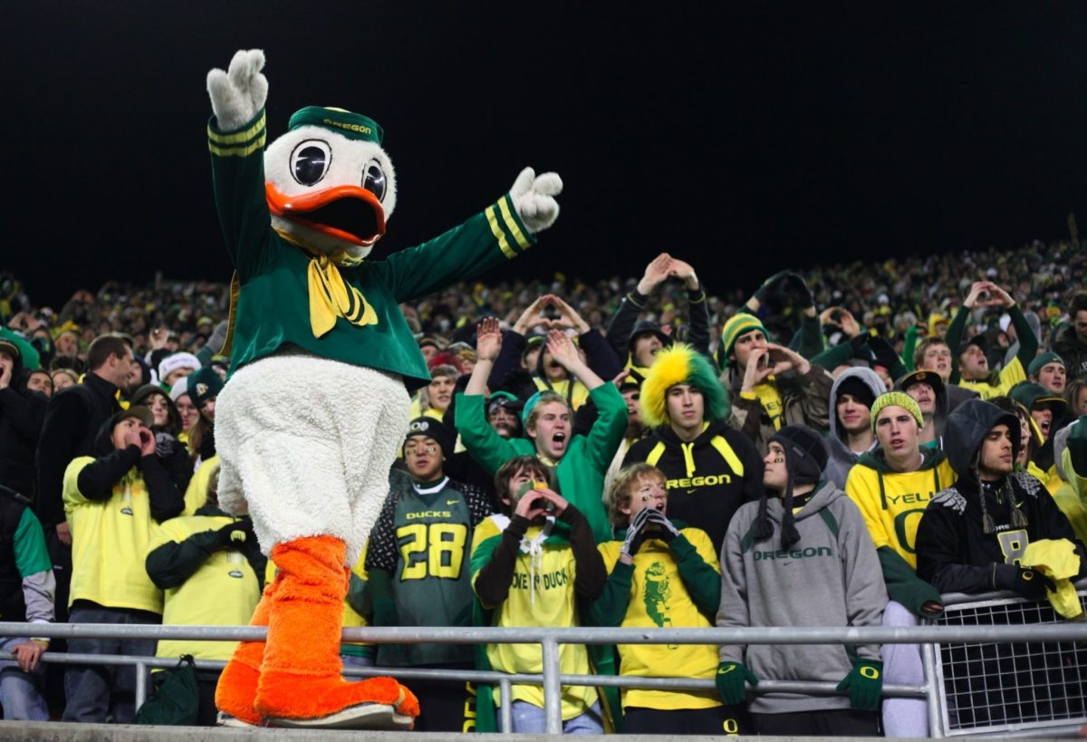 Oregon's mascot hangs with fans.