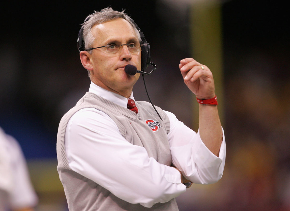 Jim Tressel watches the action during the BCS title game.