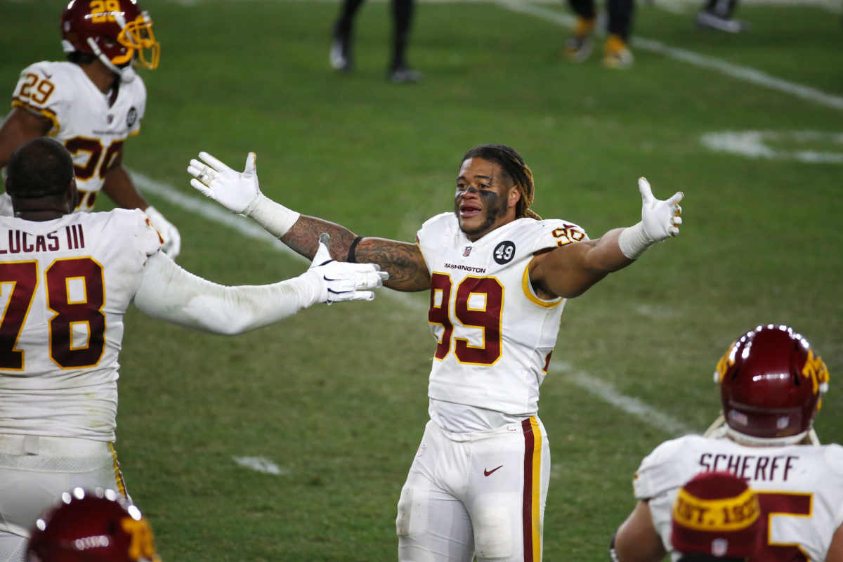 Washington Football Team defensive end Chase Young (99) wears tape on his  facemask in honor of Sean Taylor during an NFL football game against the  Kansas City Chiefs, Sunday, Oct. 17, 2021