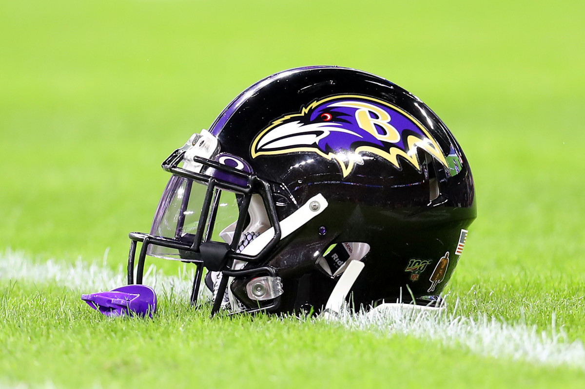 Baltimore Ravens helmet on the field.