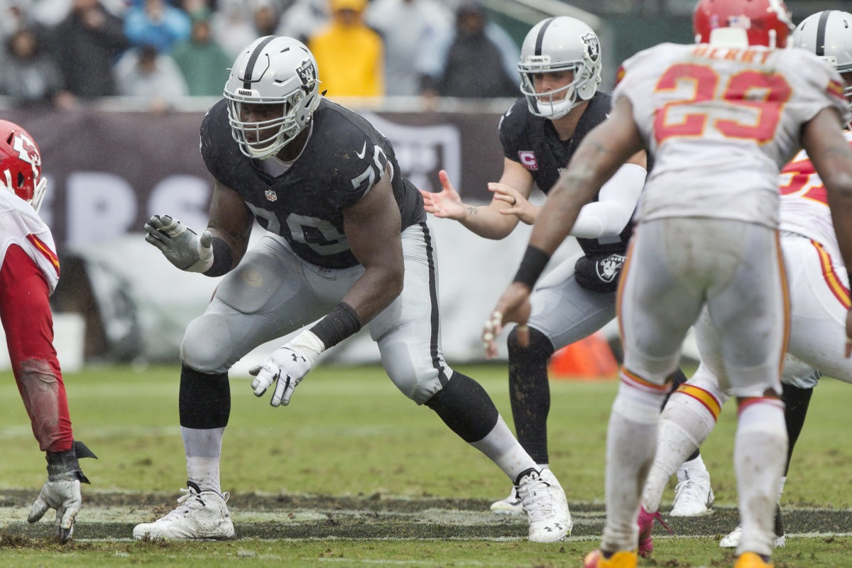 Raiders OL Kelechi Osemele prepares to a pass rush during game against the Kansas City Chiefs in 2016.