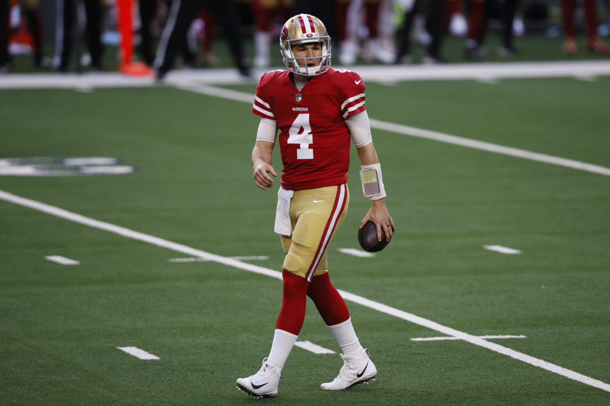 Nick Mullens reacts to a penalty.