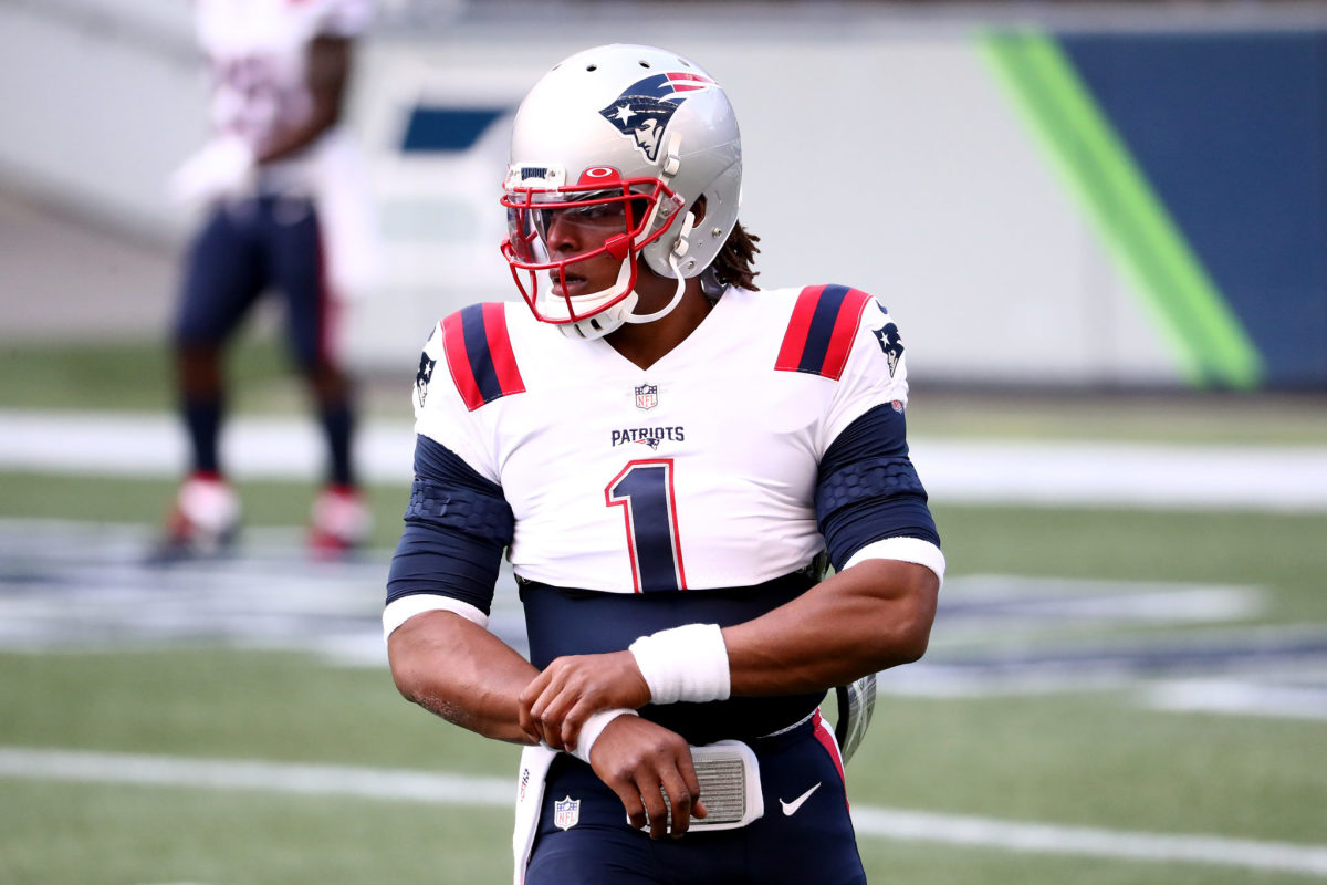 Cam Newton warming up for the Patriots.