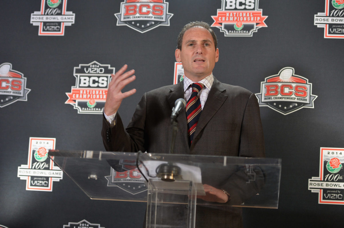 Pac-12 football commissioner Larry Scott speaks at the Rose Bowl.