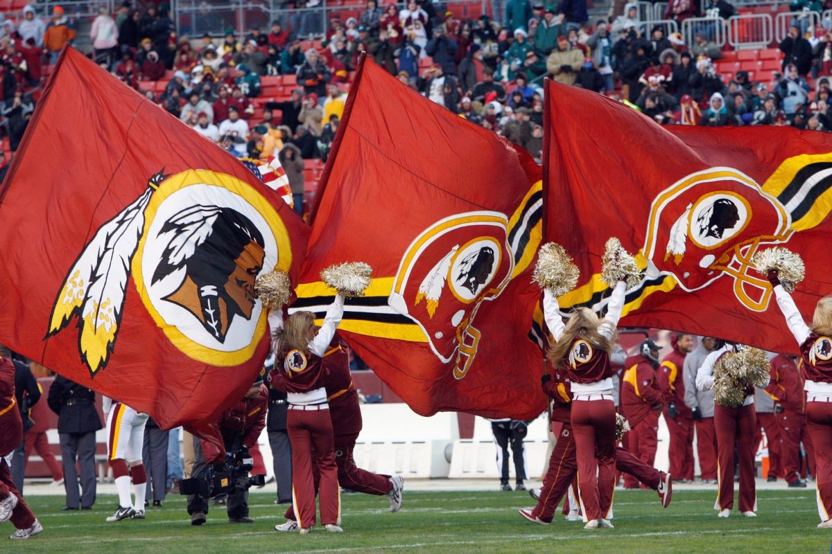 A view of the cheerleaders at a Washington Redskins game.