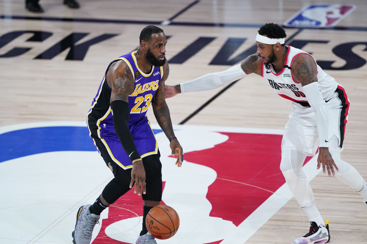 LeBron James and Carmelo Anthony in Game 3 of the Lakers-Blazers NBA Playoffs series.