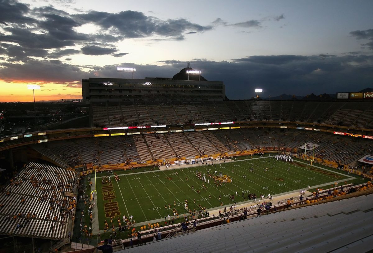 General view of Sun Devil Stadium as the Arizona State Sun Devils and the Louisiana Monroe Warhawks warm up prior to the college football game.