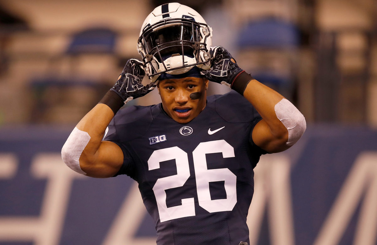 Saquon Barkley of the Penn State Nittany Lions warms up before the start of the Big Ten Championship.