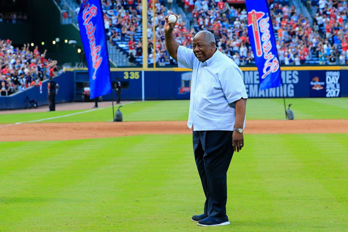 Hank Aaron throwing the first pitch at an Atlanta Braves game.