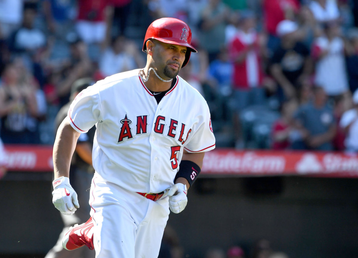 A closeup of Albert Pujols on the Angels.