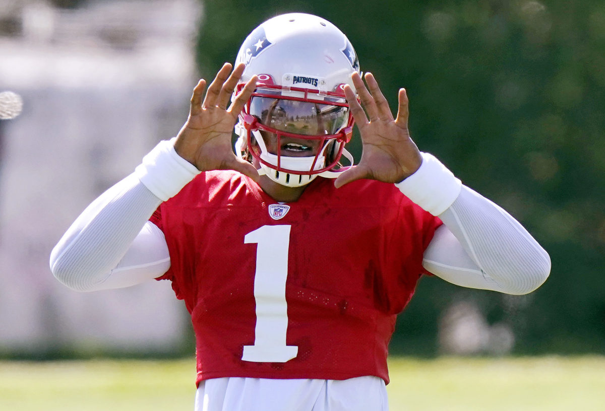 New England Patriots quarterback Cam Newton at practice.