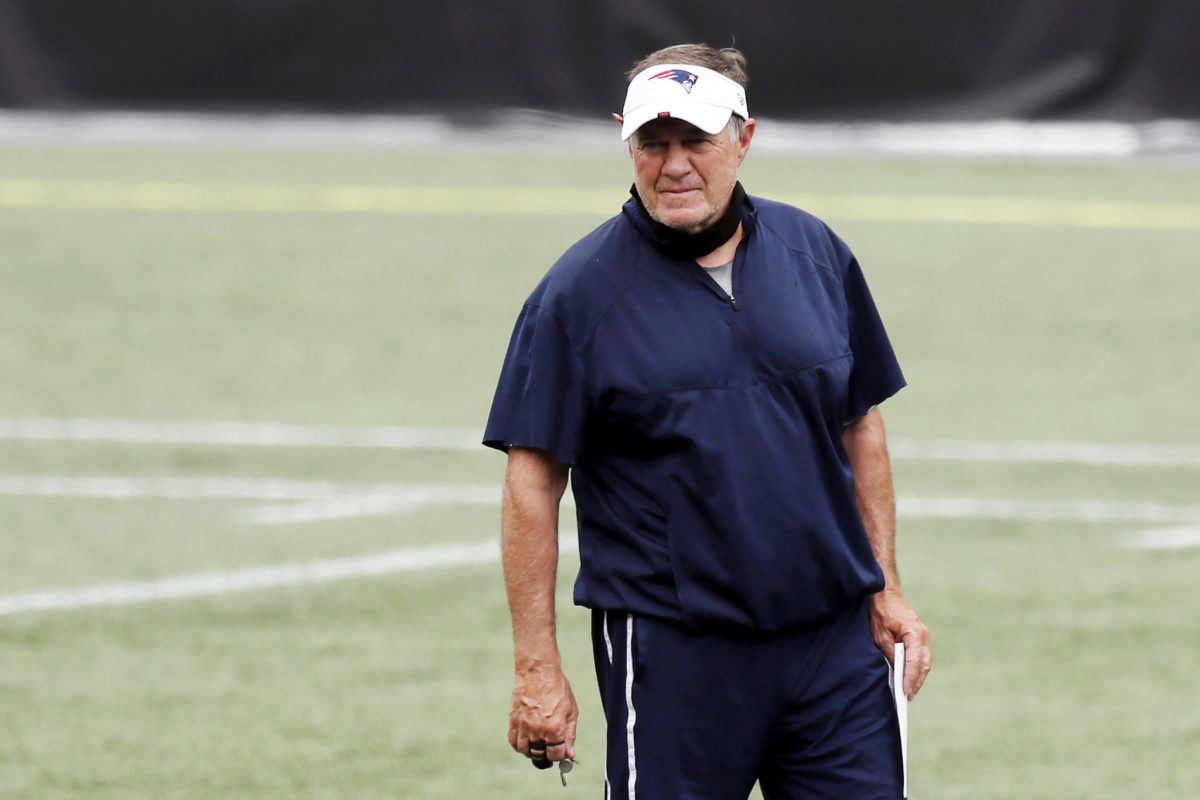 New England Patriots head coach Bill Belichick on the practice field.
