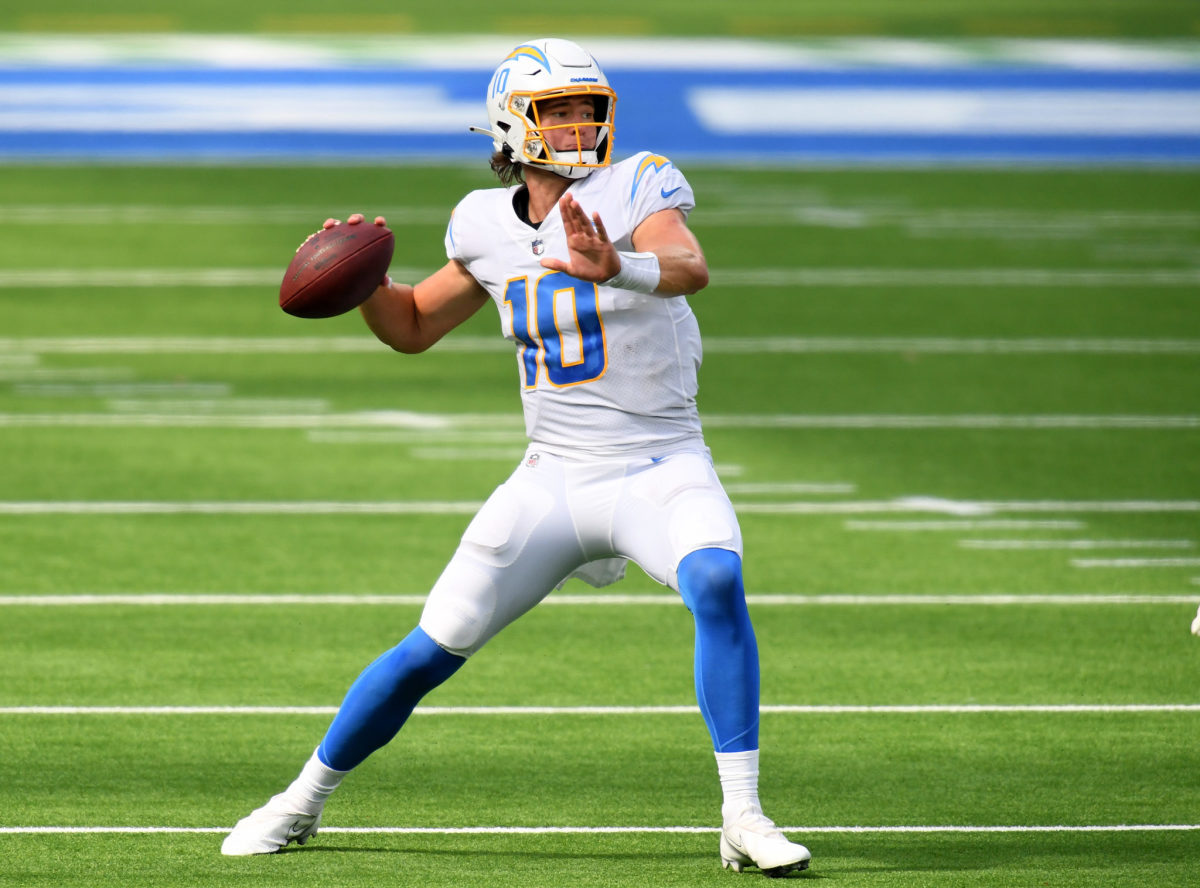Los Angeles Chargers quarterback Justin Herbert prepares to throw. He stepped in for the injured Tyrod Taylor in Week 2.