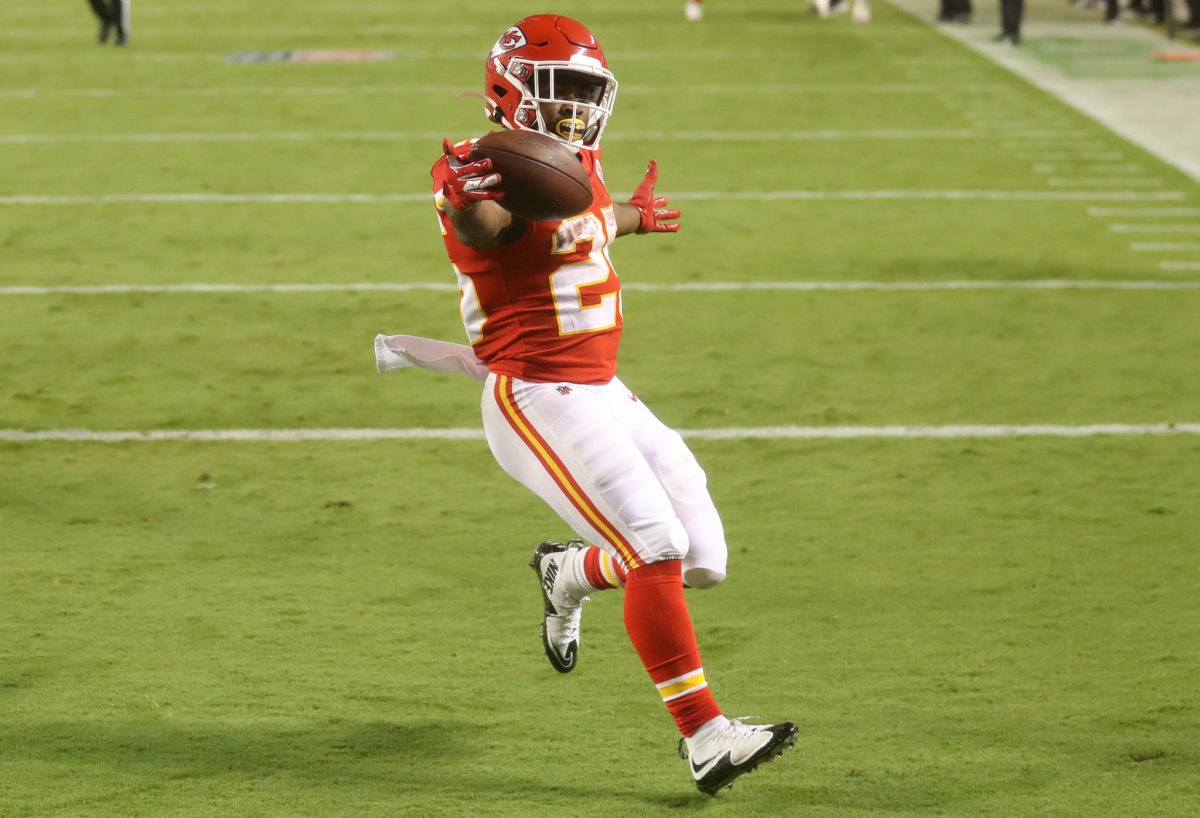 Clyde Edwards-Helaire of the Kansas City Chiefs scores a touchdown.