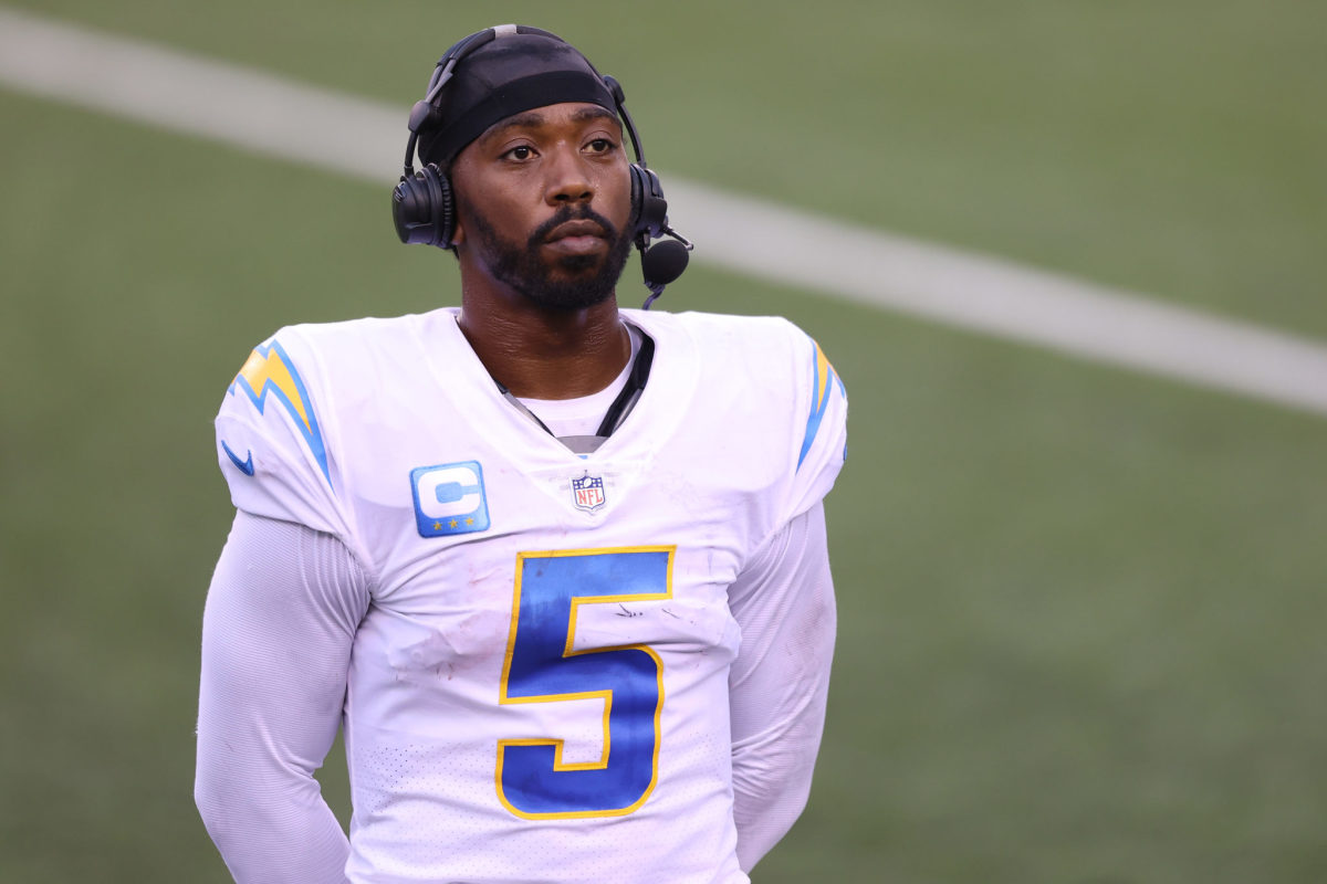 Tyrod Taylor speaks to media after Los Angeles Chargers game. He began the year ahead of Justin Herbert to start the season.