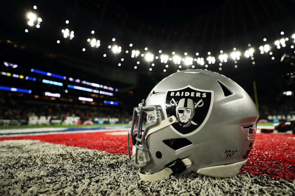 Las Vegas Raiders helmet on the field.