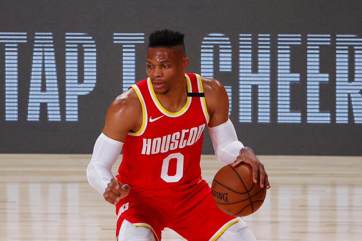 Russell Westbrook dribbling the ball for the Houston Rockets.