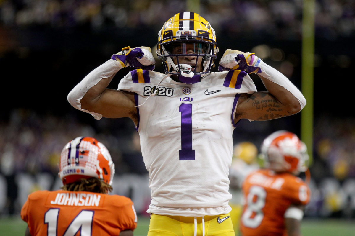 Ja'Marr Chase of the LSU Tigers celebrates on the field.