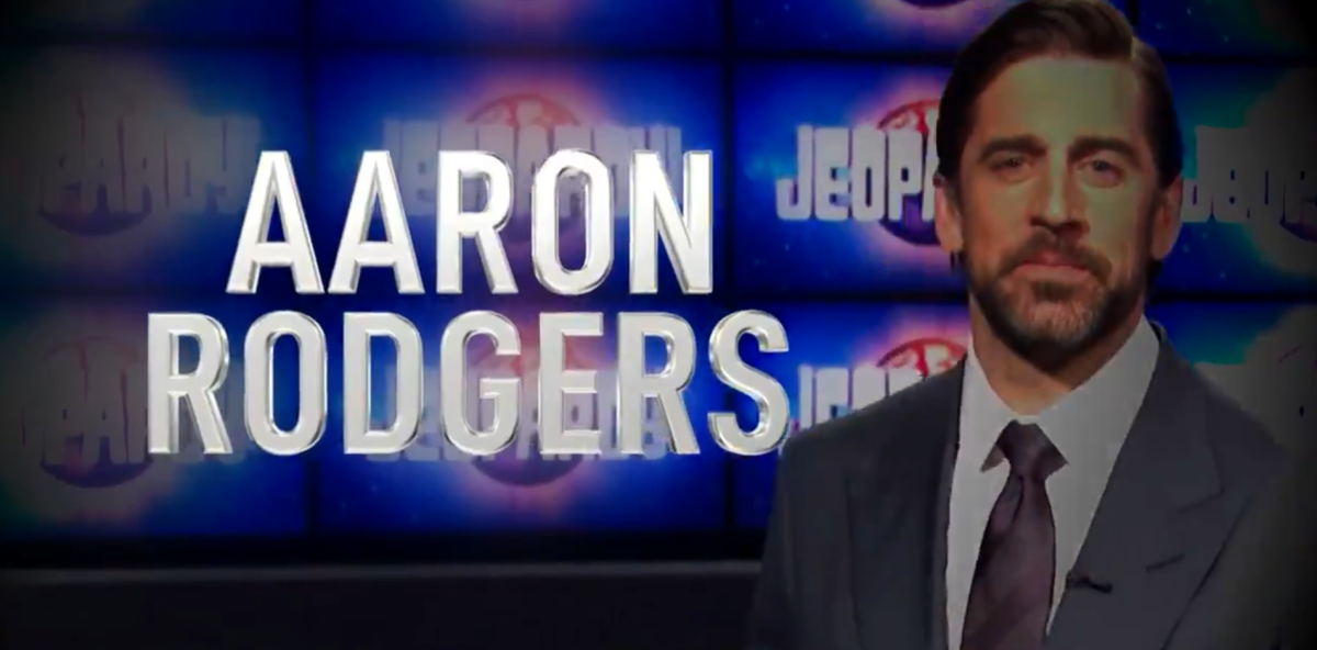 Aaron Rodgers introduced as a Jeopardy! guest host.