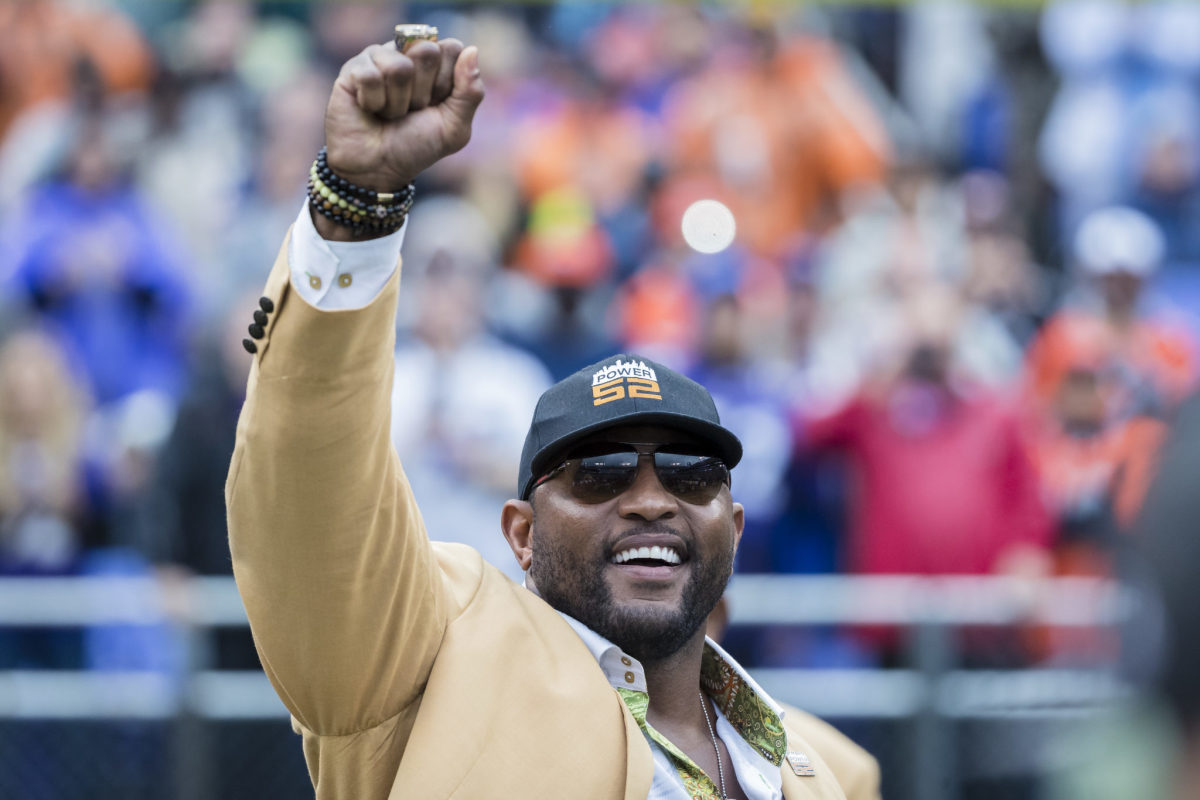 Hall of Fame linebacker Ray Lewis razing his fist.