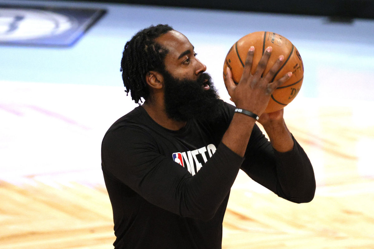 James Harden #13 of the Brooklyn Nets warms up
