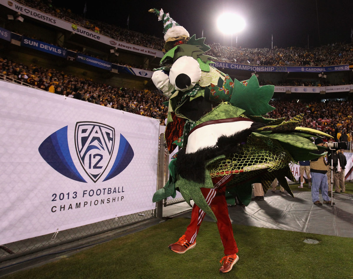 Stanford's mascot performing during a football game.
