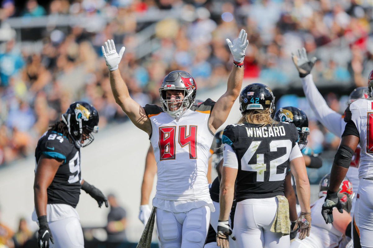 Tampa Bay Buccaneers tight end Cameron Brate celebrating a touchdown.