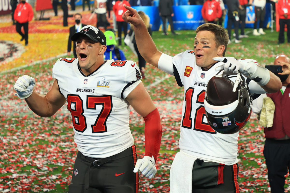 Tom Brady and Rob Gronkowski celebrate the Tampa Bay Buccaneers winning the Super Bowl.