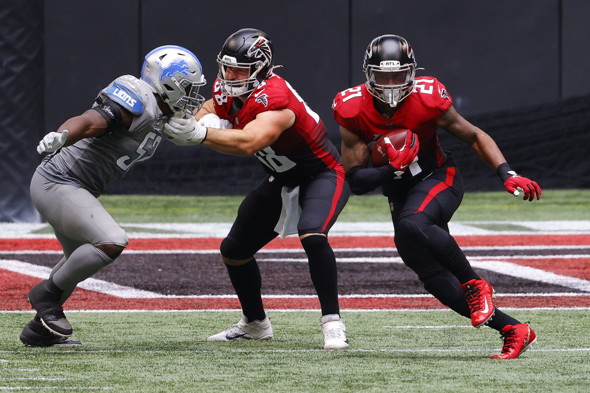 Todd Gurley runs the ball for the Atlanta Falcons against the Detroit Lions.