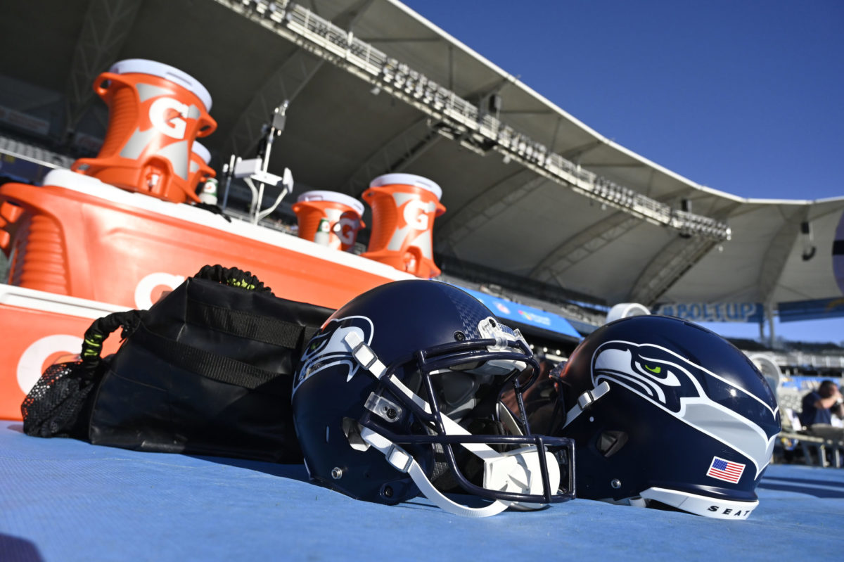 A shot of a Seattle Seahawks helmet on the sidelines.