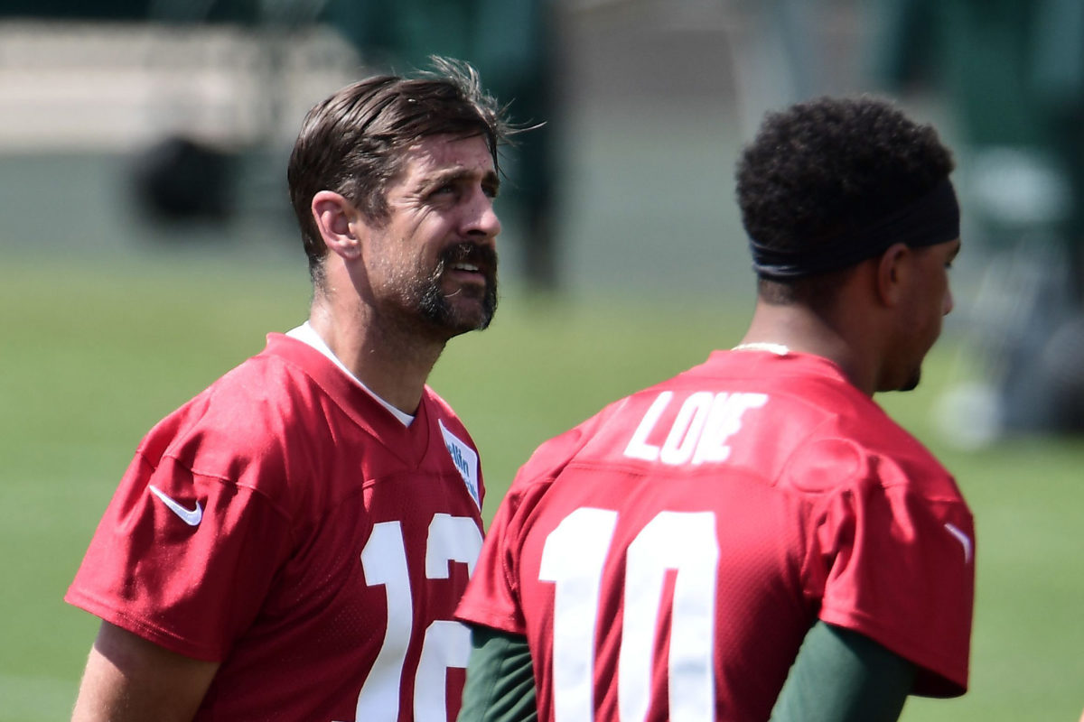 Quarterbacks Aaron Rodgers and Jordan Love during a Green Bay Packers practice.