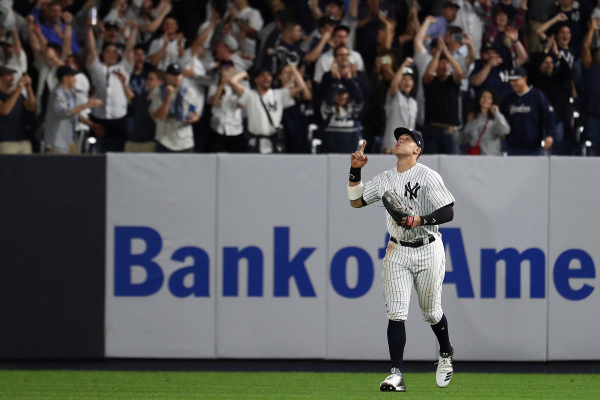 New York Yankees OF Aaron Judge celebrating after a win.