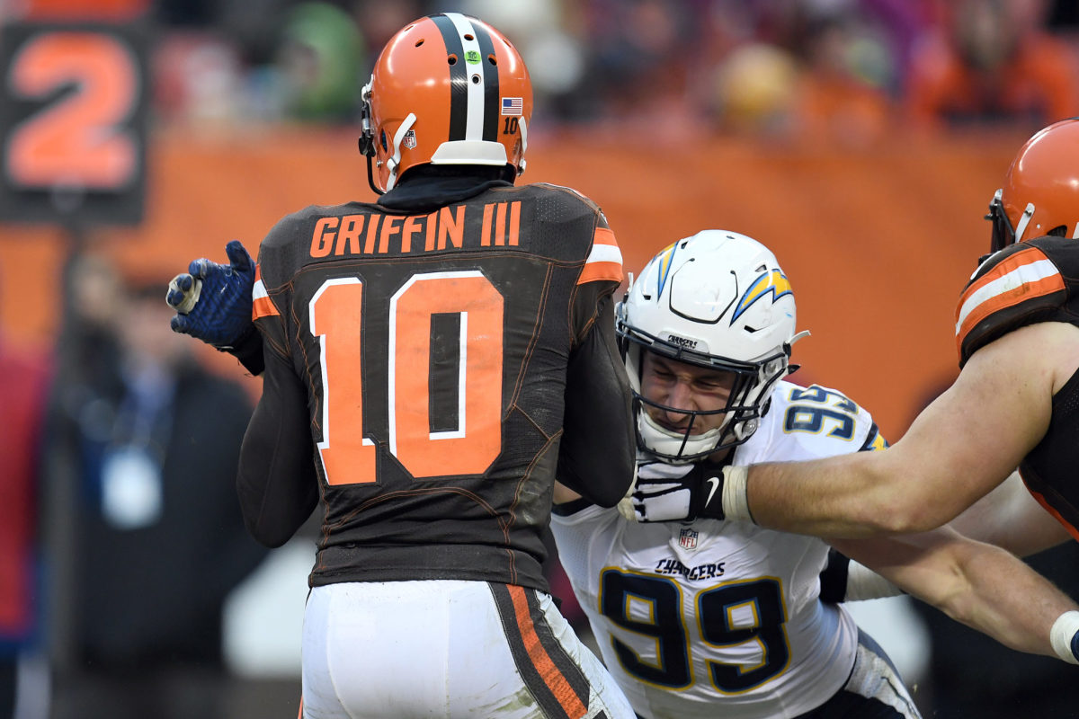 Robert Griffin III getting tackled by Joey Bosa
