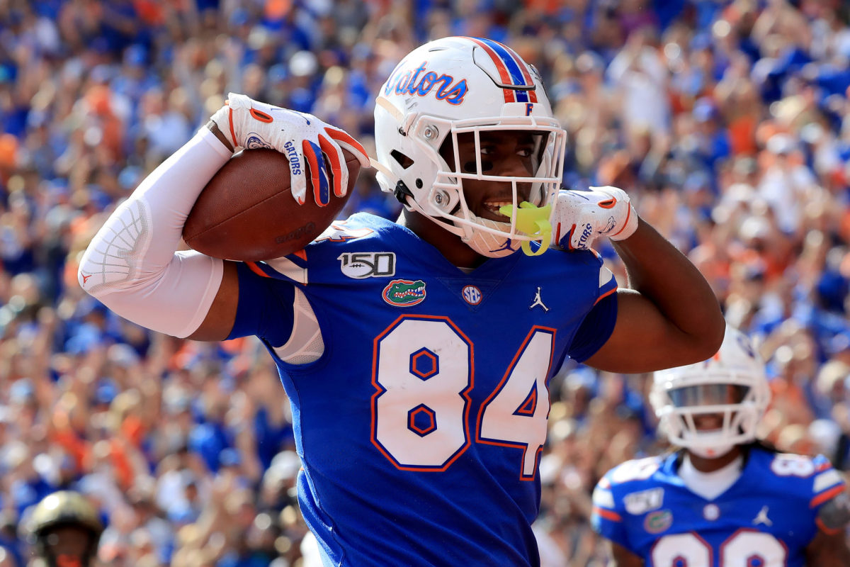 Florida tight end Kyle Pitts celebrates a touchdown. He is an elite 2021 NFL Draft prospect.