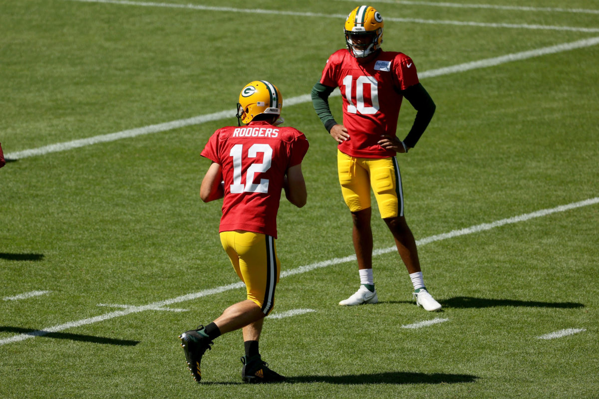 Green Bay Packers quarterbacks Aaron Rodgers and Jordan Love.
