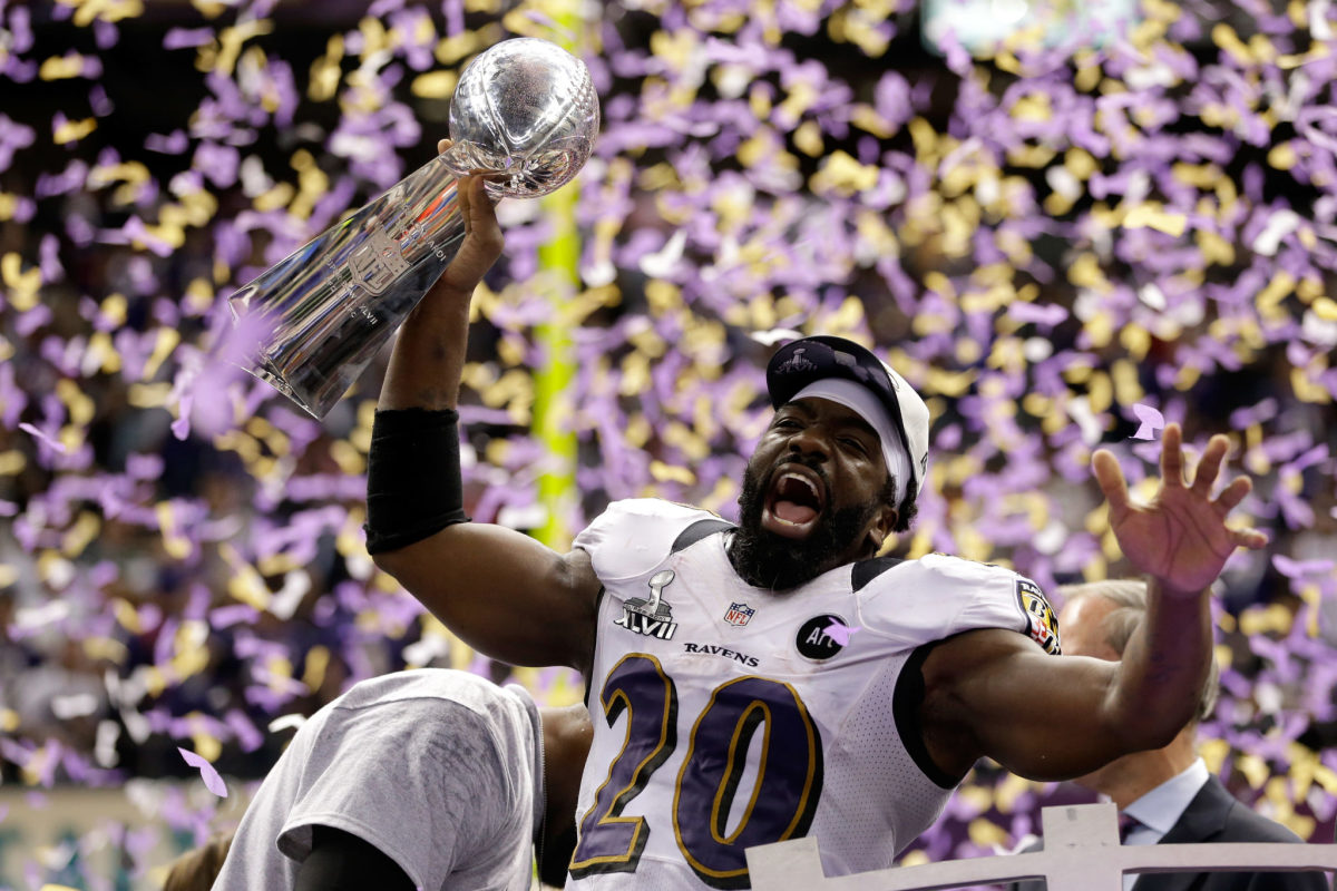 Baltimore Ravens safety Ed Reed celebrates a Super Bowl victory.