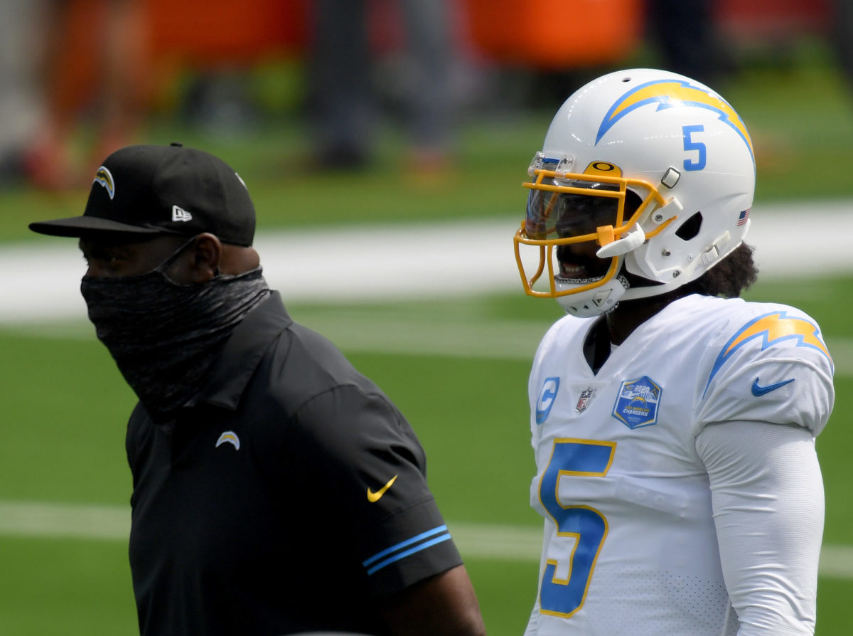 Los Angeles Chargers coach Anthony Lynn and quarterback Tyrod Taylor before a game.