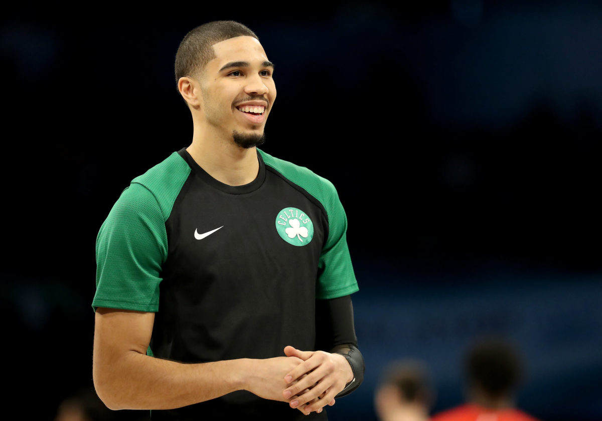 A photo of Jayson Tatum during pre-game warmups.