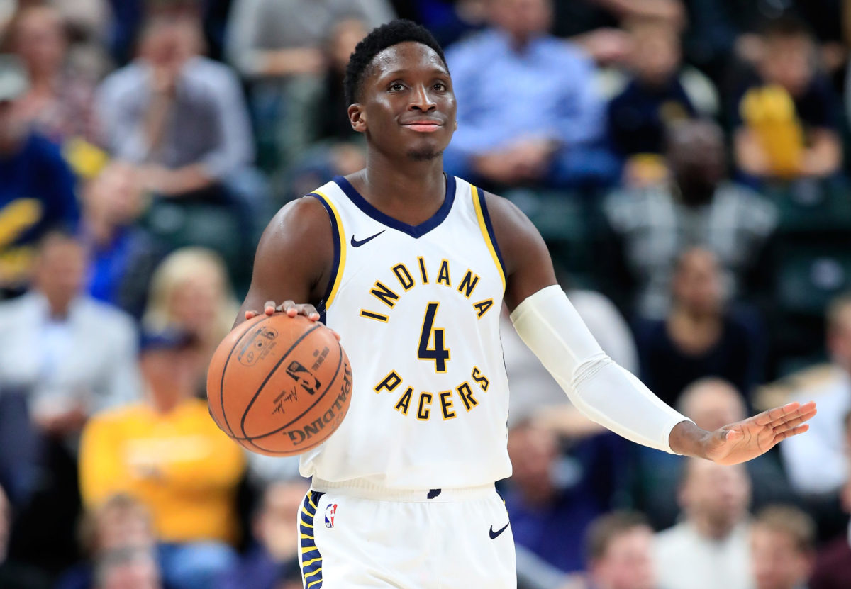 Victor Oladipo slowly walks the ball up the court for the Pacers.