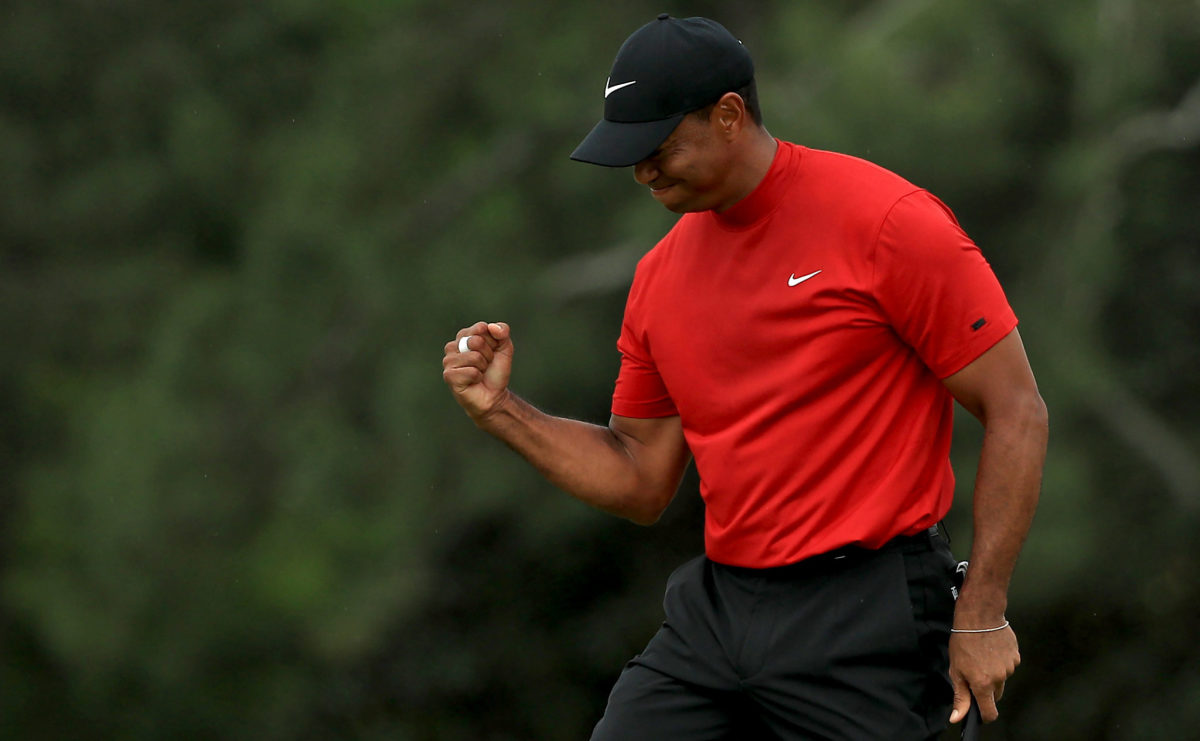 Tiger Woods of the United States celebrates winning the Masters