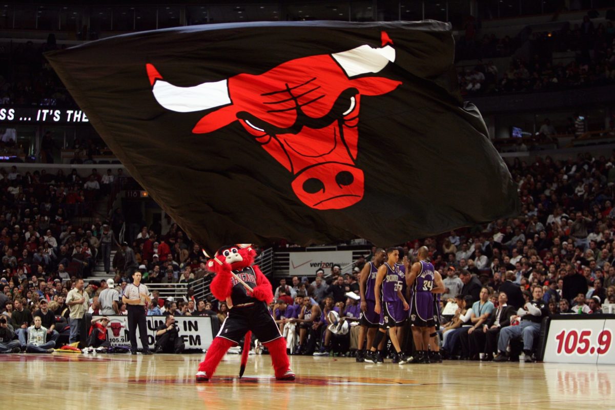 Benny the Bull waving the Chicago Bulls flag.