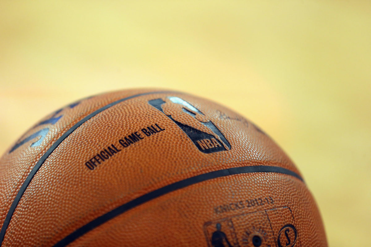 A closeup of a spalding NBA Basketball.