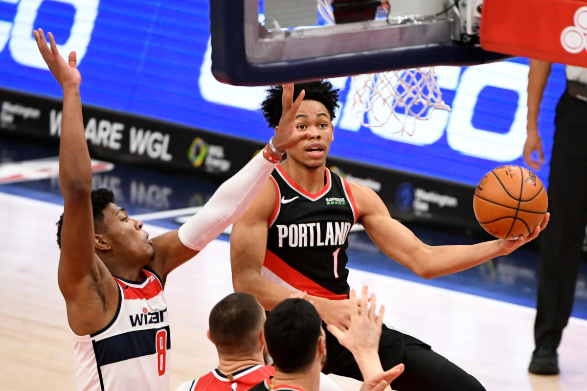 Anfernee Simons of the Portland Trail Blazers going up for a layup.