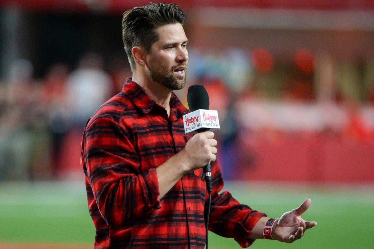 Eric Crouch addresses the crowd at a Nebraska football game.